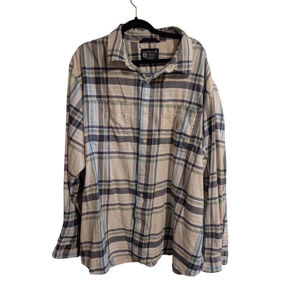 Carhartt Button Down Shirt Mens 3XL Cream Blue Plaid Relaxed Fit